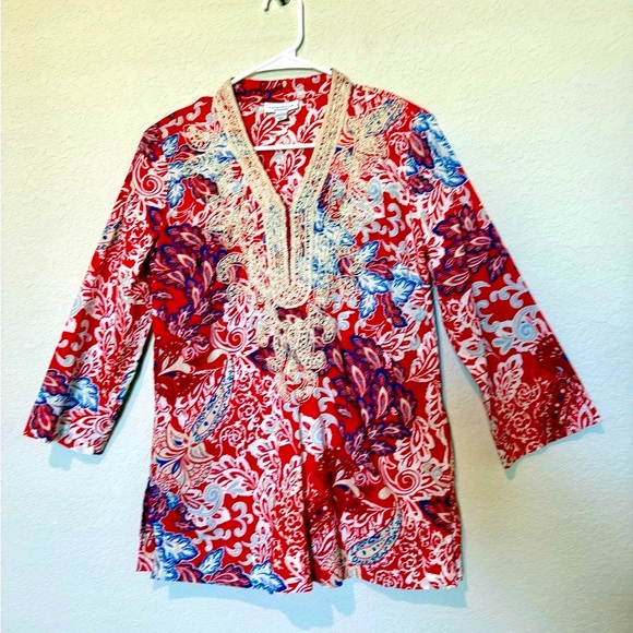 Charter Club Luxury embroidered blouse Red Graphic Tunic Small - Picture 1 of 7